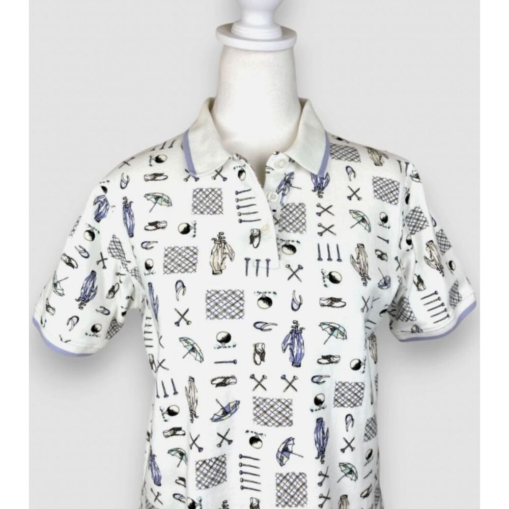 Y2K Novelty Golf Print Polo Shirt Sz S Cotton Retro Country Club Womens Vintage